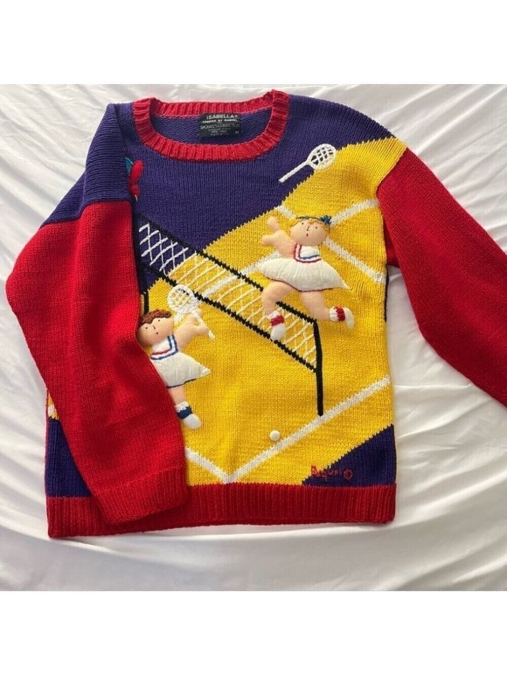 RARE Vtg 80s 3D Tennis Novelty Knit Sweater Handmade M